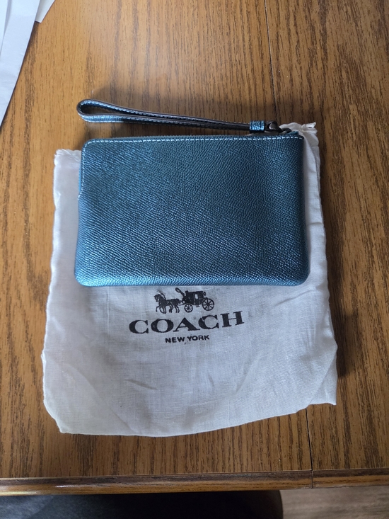 Coach Handbags - Coach Metallic Teal Blue Leather Wristlet